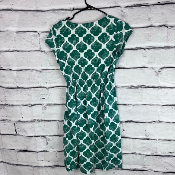 Boden Green Geo Print V Neck Fit and Flare Dress Size 16R - Picture 6 of 7